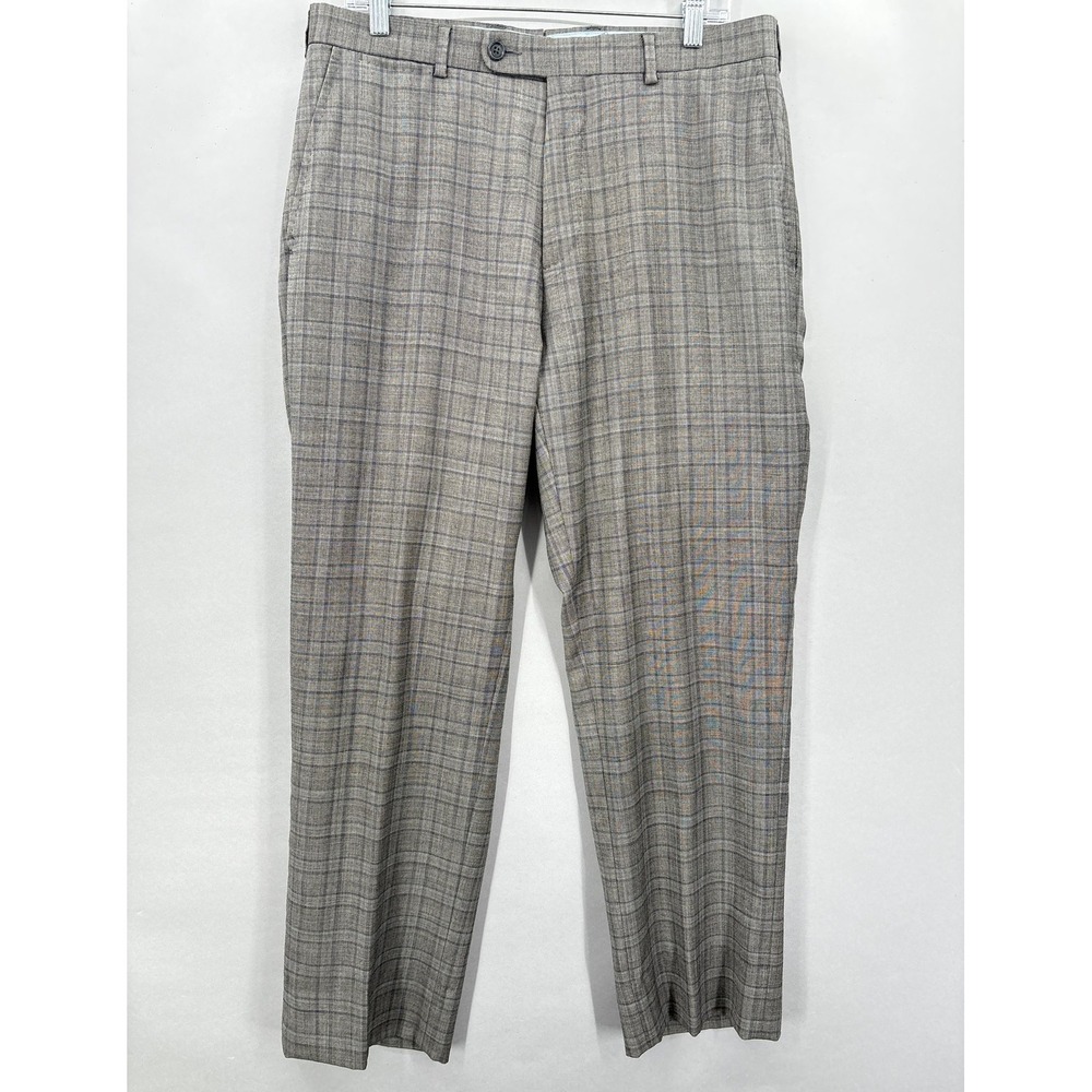 Peter Millar Pants Mens 34x29 Gray Plaid Check Wool Dress Trousers Flat‎ Front